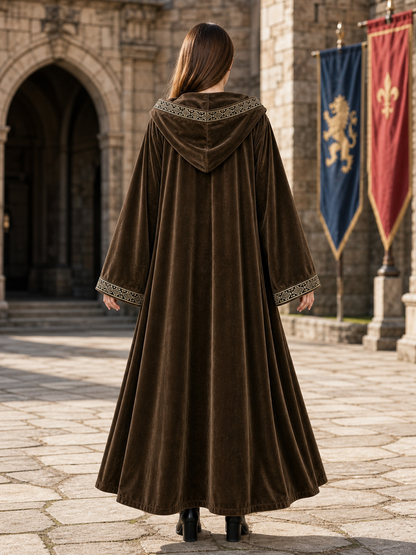 Long Hooded Robe, Brown, Loose Fit back view 7