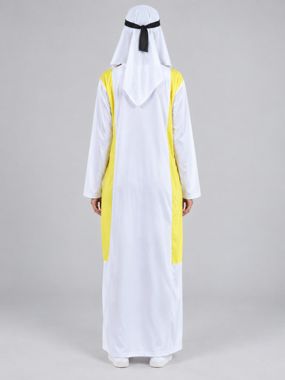 Carnival costume with scarf, beard, and chain, white and yellow