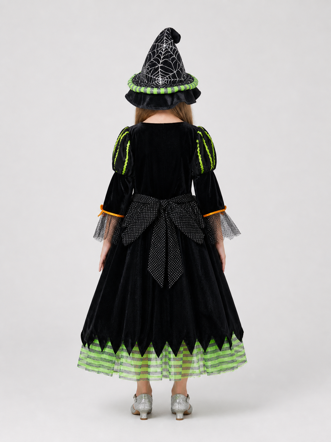 Children's Witch Costume with Striped Skirt and Hat back view