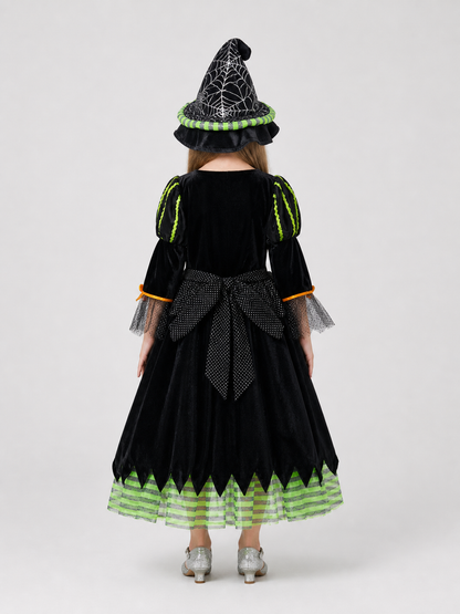 Children's Witch Costume with Striped Skirt and Hat back view