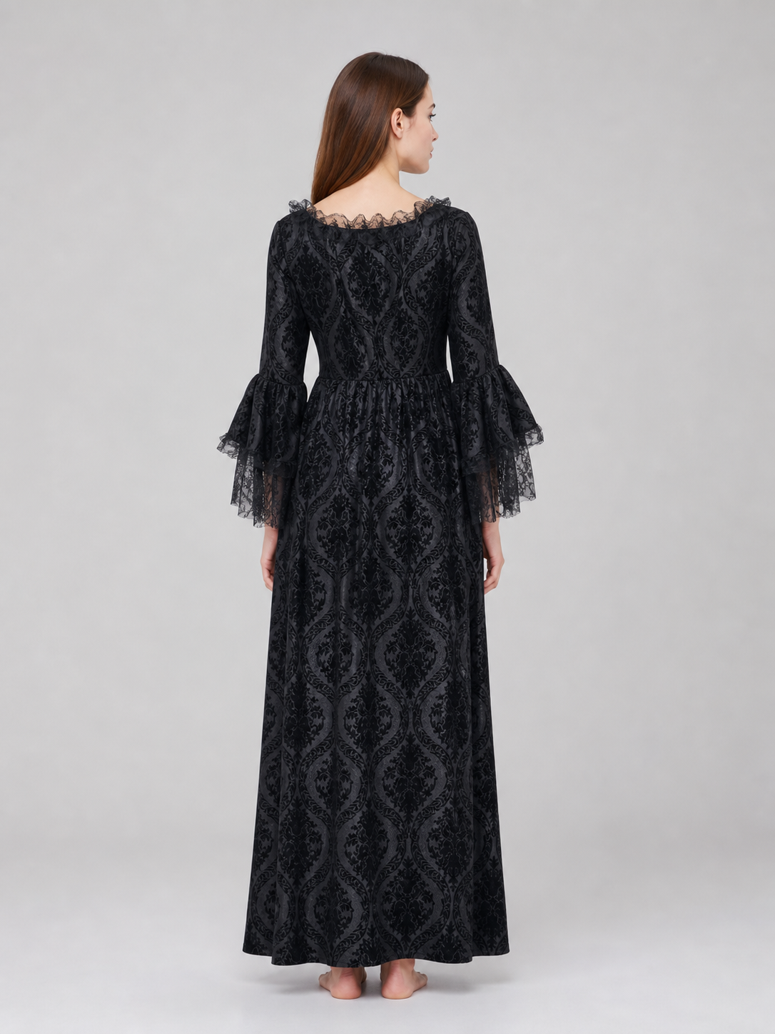 Gothic Vintage Maxi Dress with Lace Trim