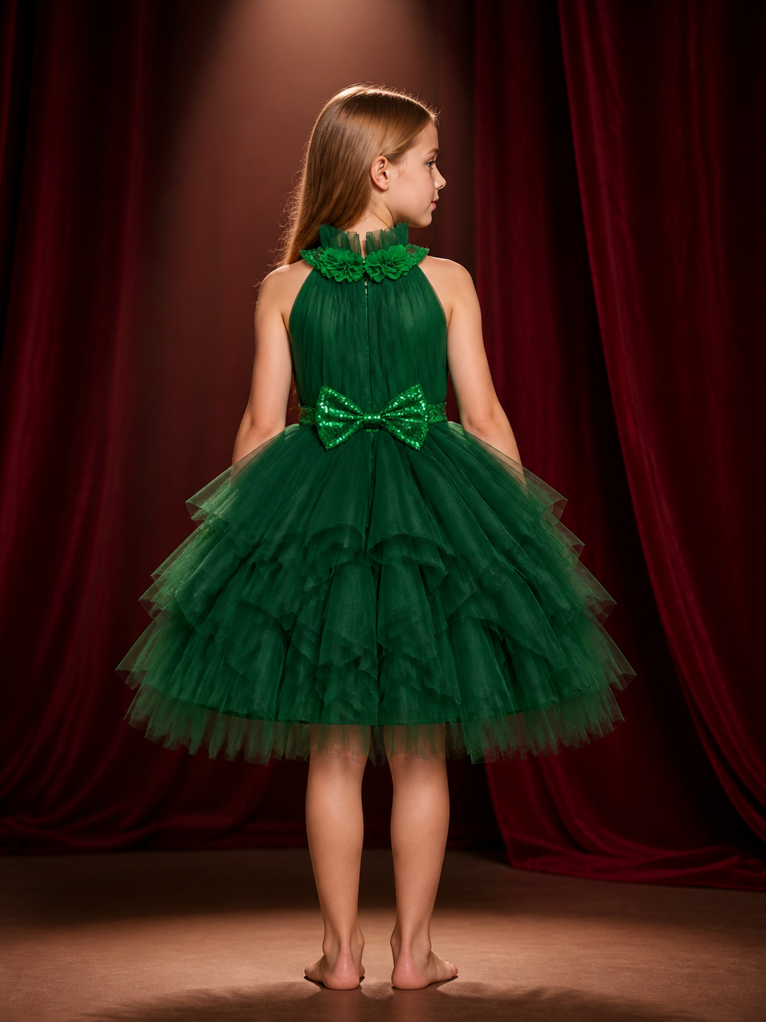 Girls' Christmas Princess Dress, Dark Green Sequined Bow, Layered Tulle Skirt back view