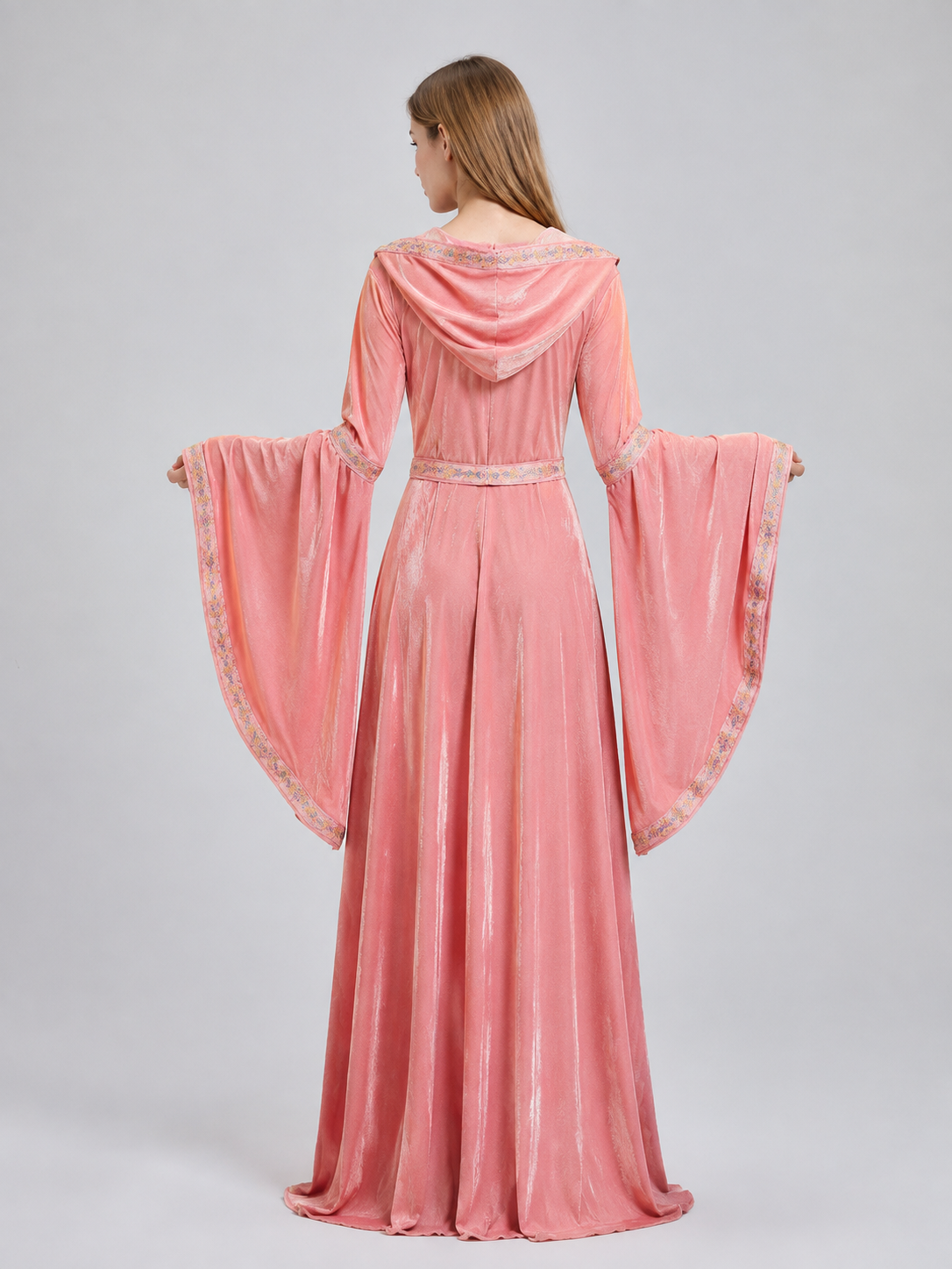 Medieval-Style Hooded Dress with Belt back view