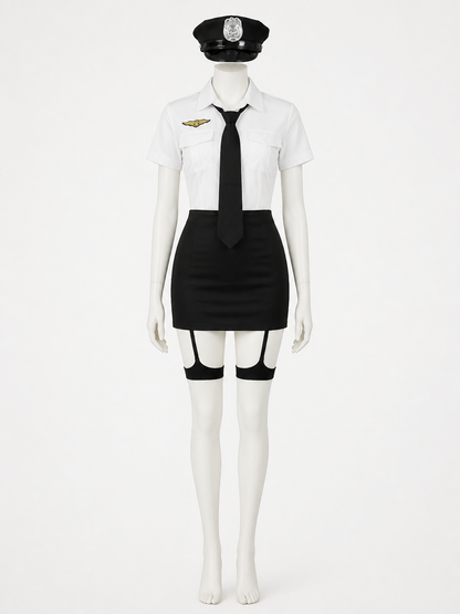 Women's Police Officer Costume Set with Hat, Tie & Gloves - White & Black Short back view
