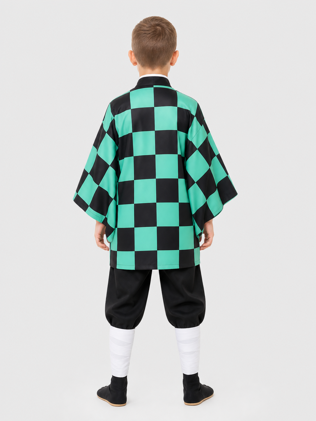 Tanjiro Cosplay Costume: Checkered Cape, Pants, and Wig back view