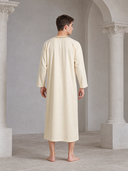 Men's Islamic-Inspired Long Tunic Robe, Embroidered Round Neck, Long Sleeve, Ankle-Length Loose Fit with Side Pocket
