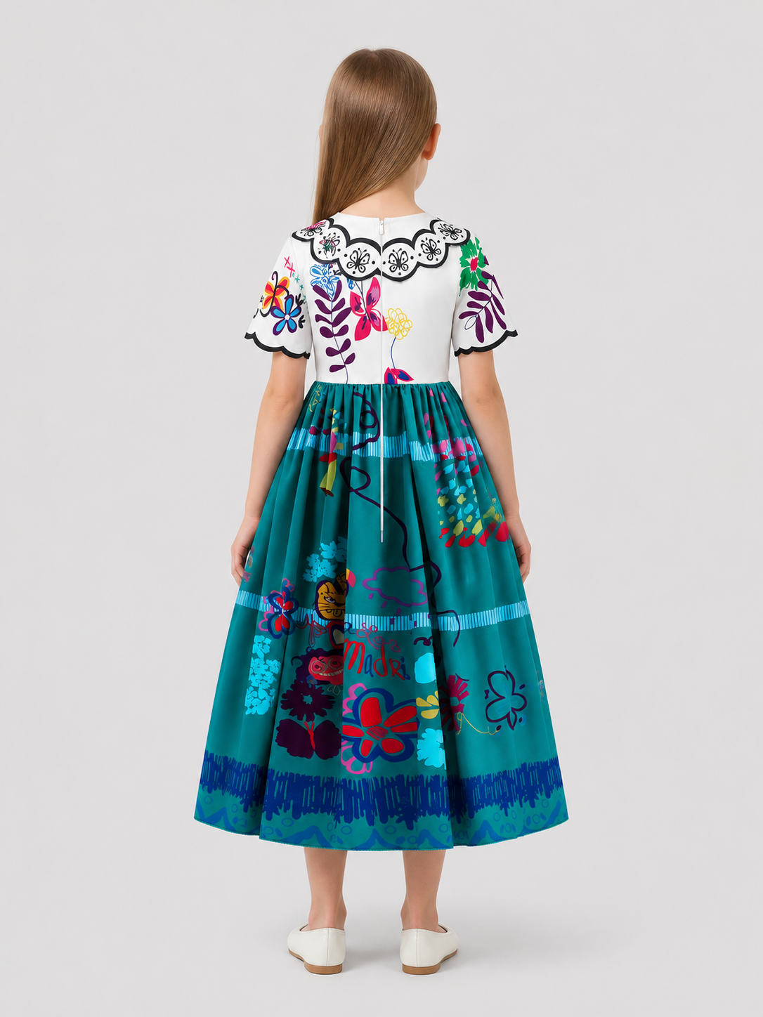 Children’s printed dressy dress with a full skirt back view