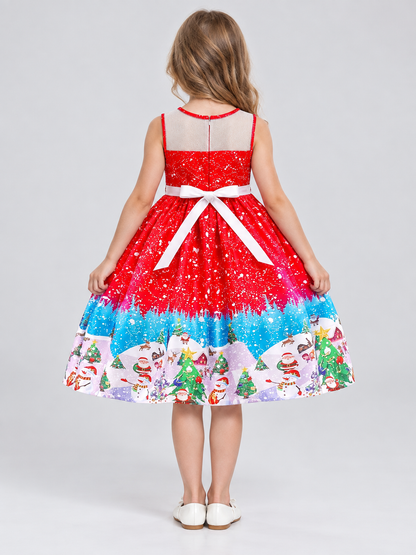 Children's festive dress with a Christmas print back view