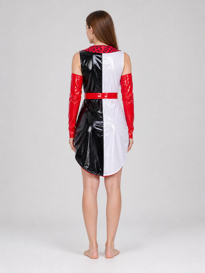 Cruella Clown Cosplay Costume, Black, White, and Red back view