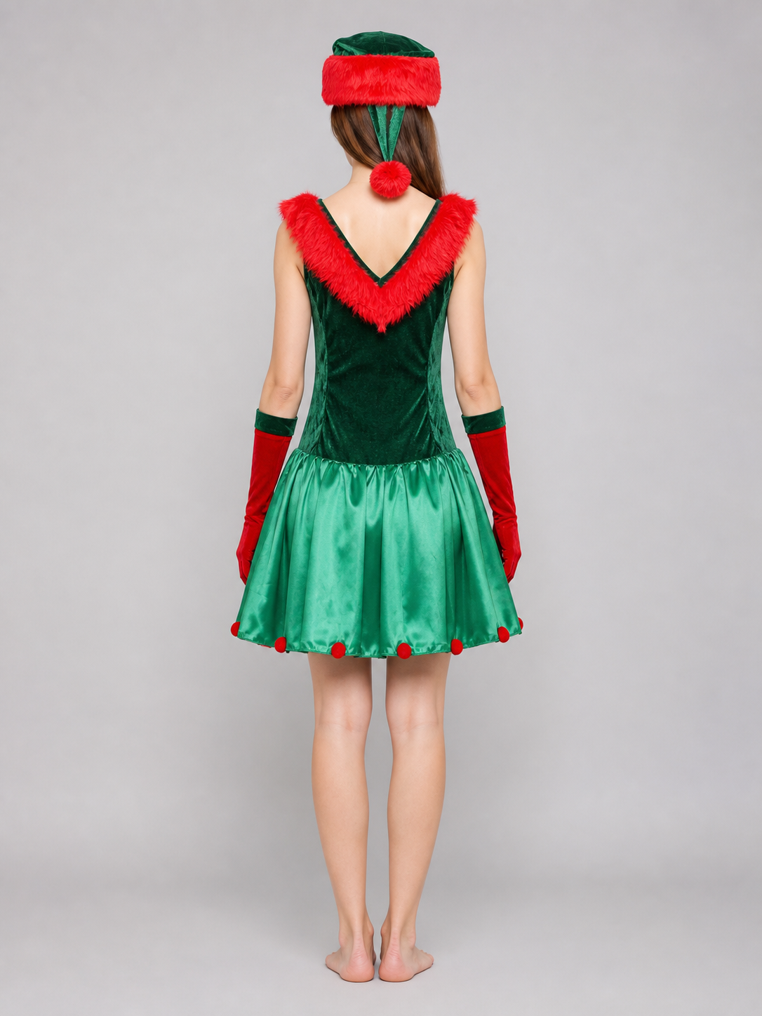 New Year's Elf Costume: Dress, Hat, and Gloves back view