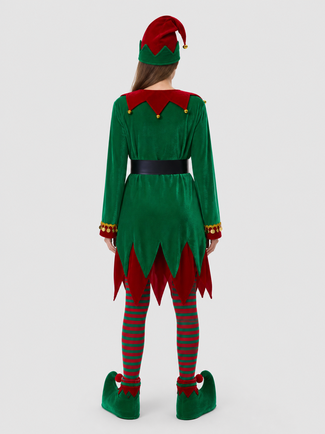 Christmas Elf Costume with Hat and Bells back view