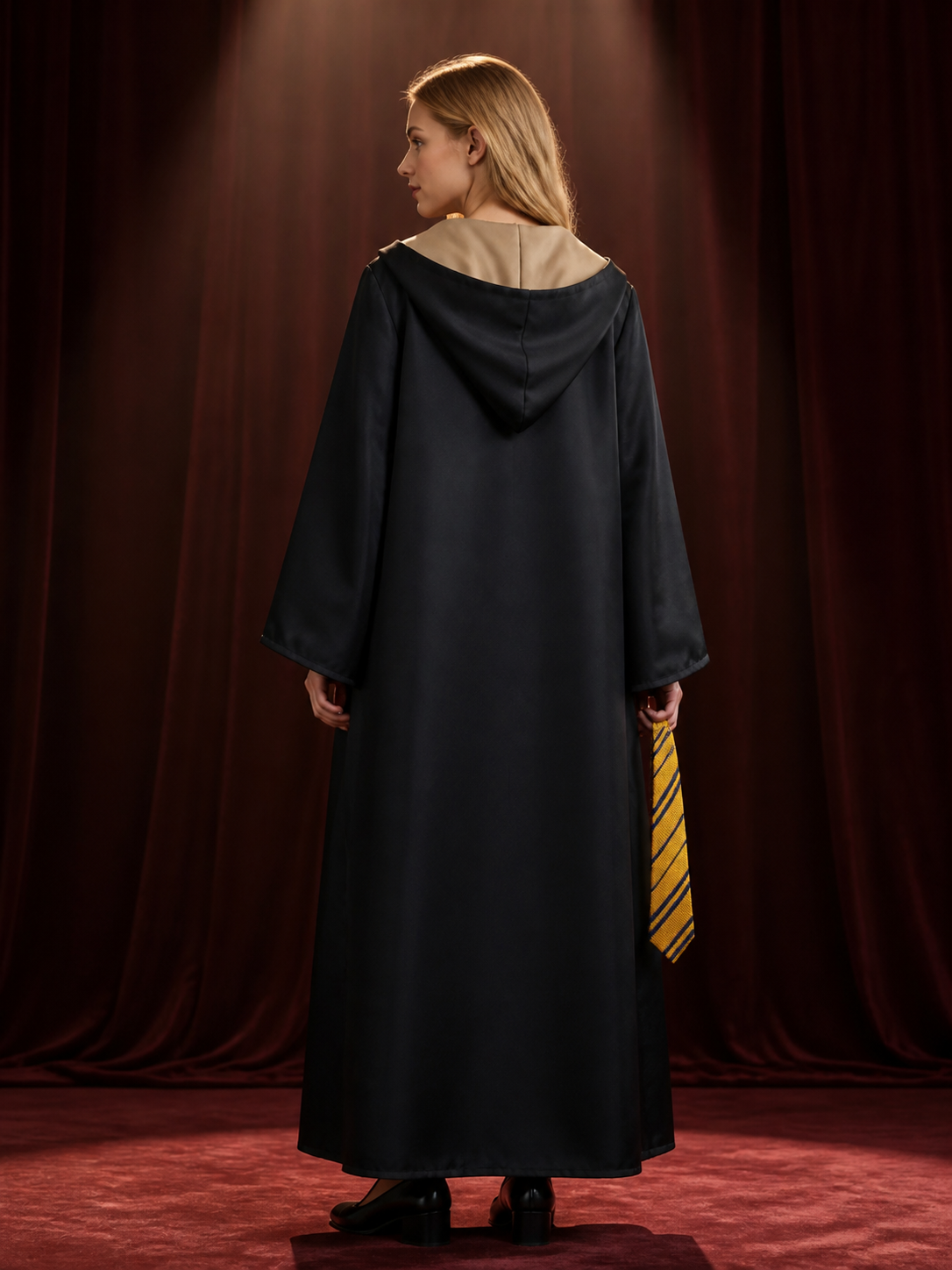 Black Hooded Wizard Robe Costume Set With Striped Tie For Halloween back view