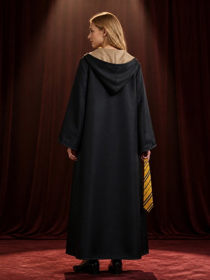 Black Hooded Wizard Robe Costume Set With Striped Tie For Halloween back view