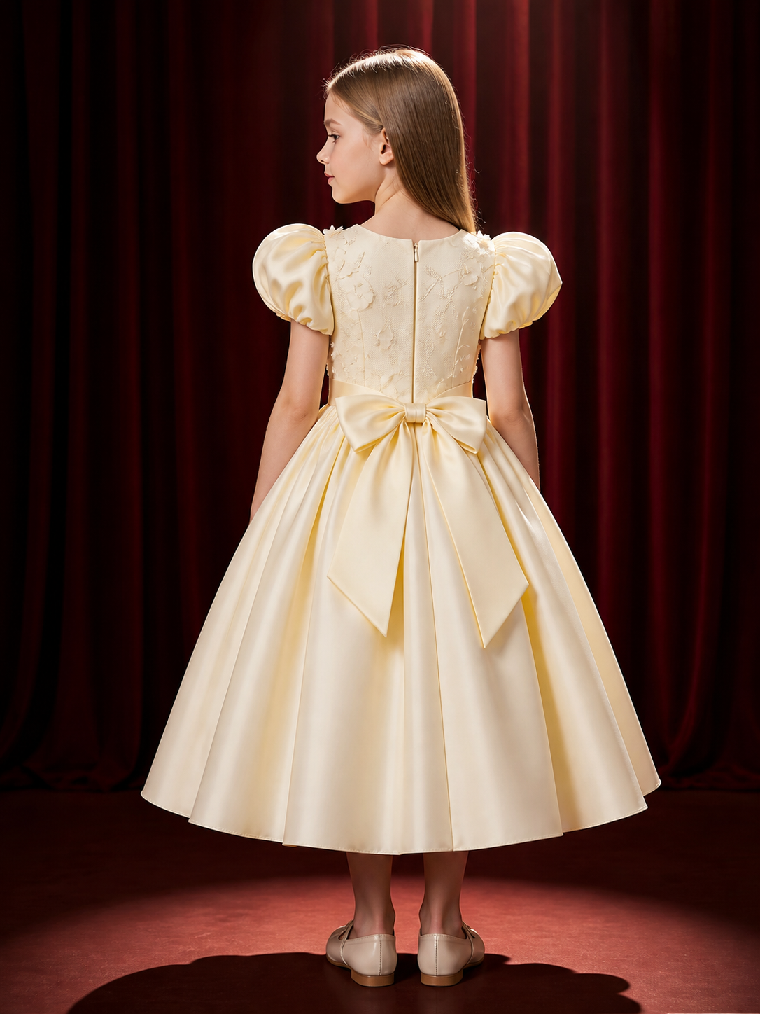 Girls' Christening Dress, Puff Sleeve Princess Gown with Floral Appliqué and back view