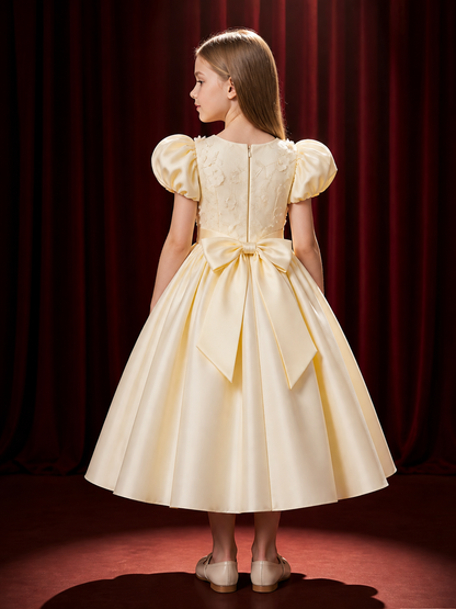 Girls' Christening Dress, Puff Sleeve Princess Gown with Floral Appliqué and back view