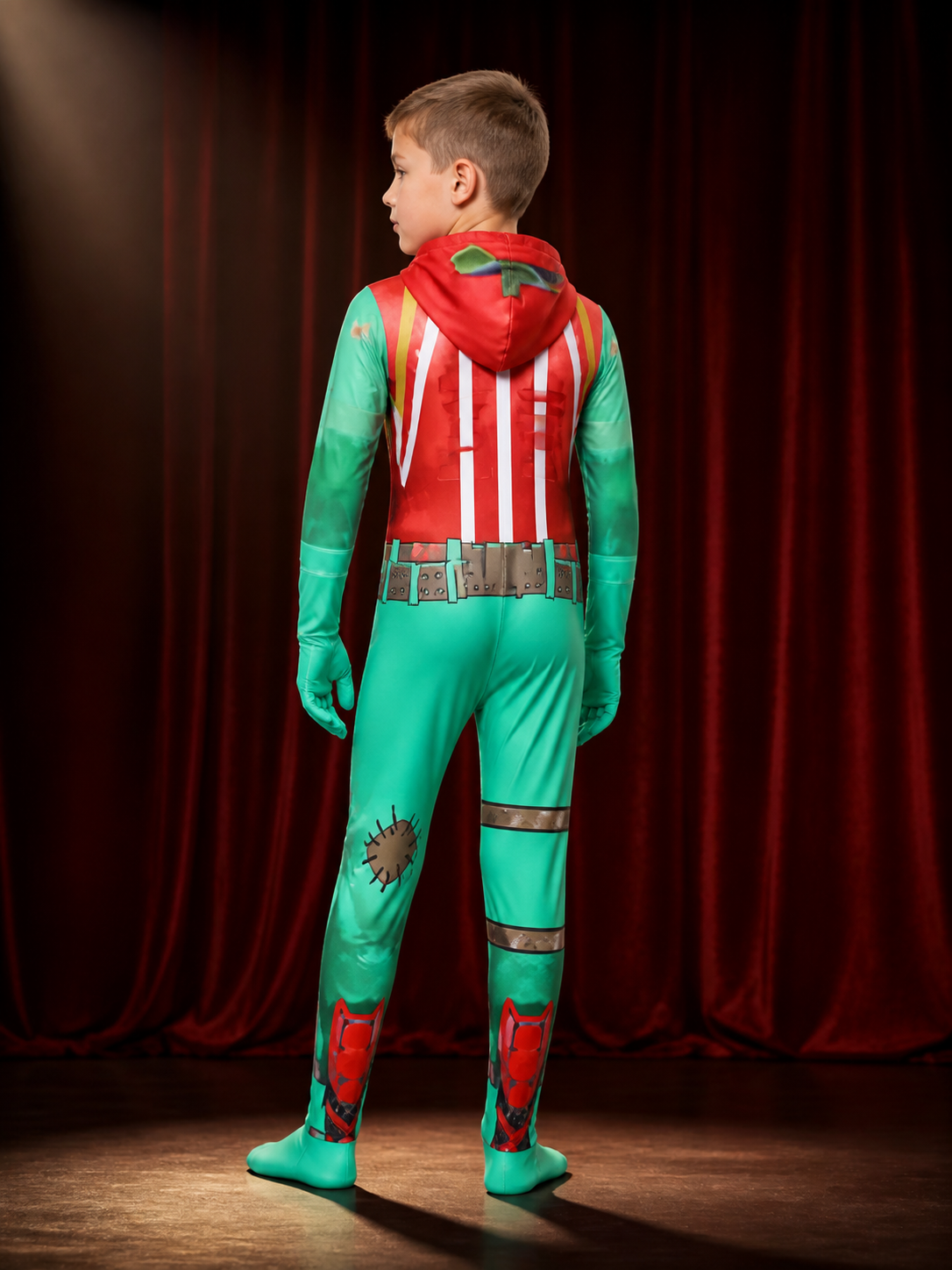 Tomato Striped Onesie Costume with Headpiece and Pizza Print back view