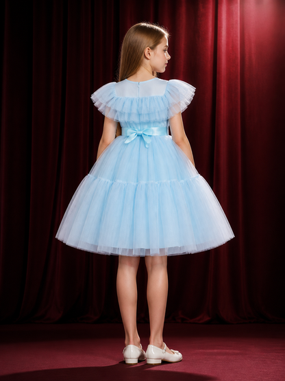 Girls' Light Blue Princess Dress, Square Neck Puff Sleeve Layered Tulle Gown back view
