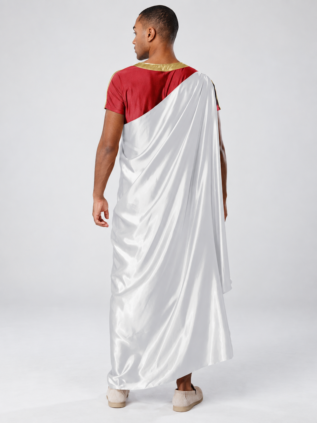 Toga Costume with One-Shoulder Draping and Gold Trim