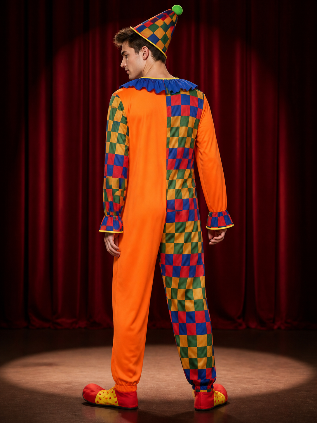 Unisex Adult Jester Costume Jumpsuit, Colorful Checkered with Hat for Halloween back view