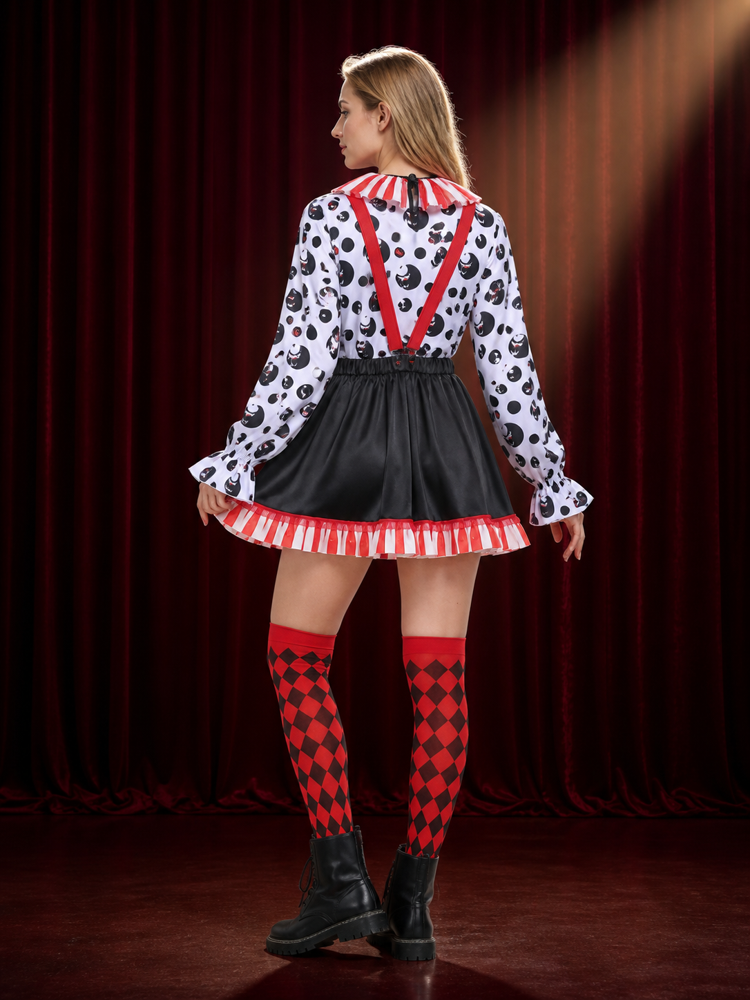 Adult Clown Circus Costume Set With Polka Dot Top And Fluffy Skirt For Halloween back view