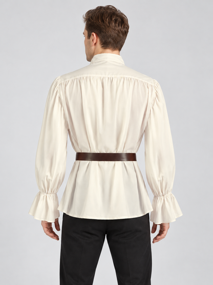 Beige shirt with a jabot, puffed sleeves, and a belt