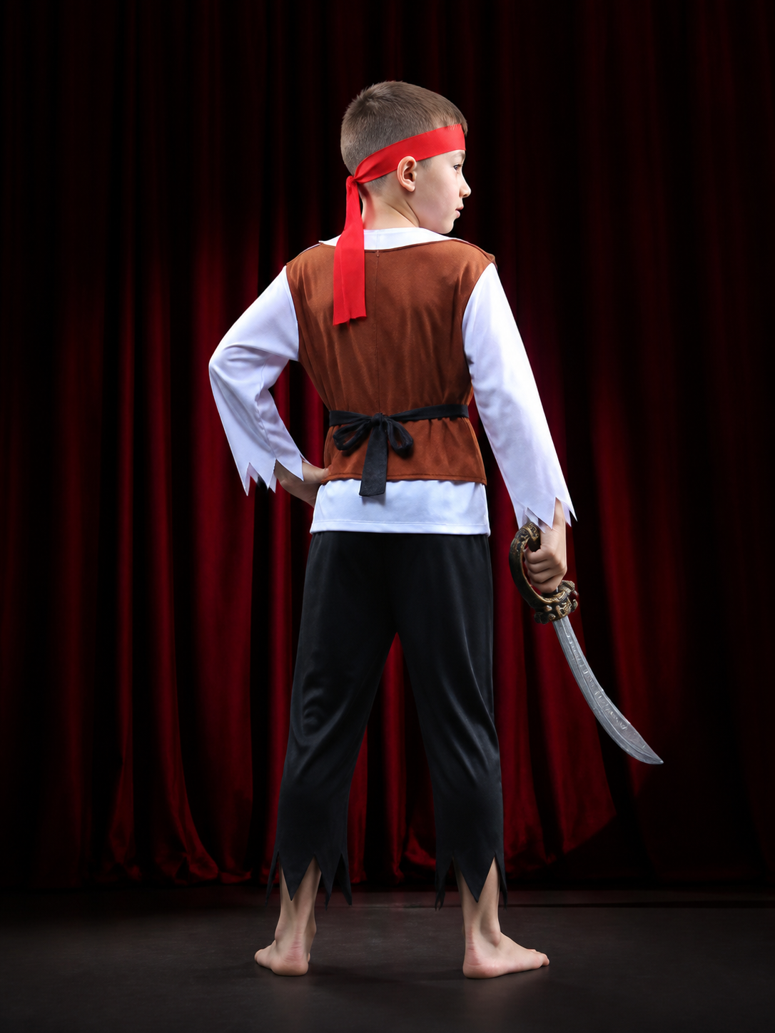Kids Pirate Costume Set, Brown Vest & Torn Pants, Halloween Party Outfit back view