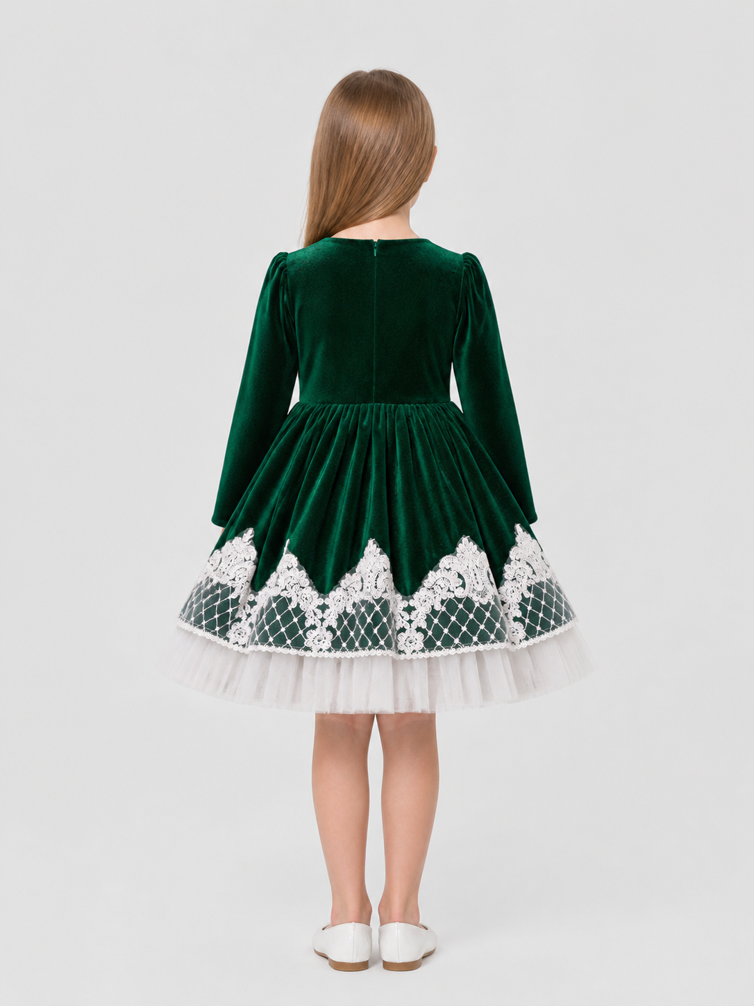 Elegant Long-Sleeve Green Dress with Tulle back view