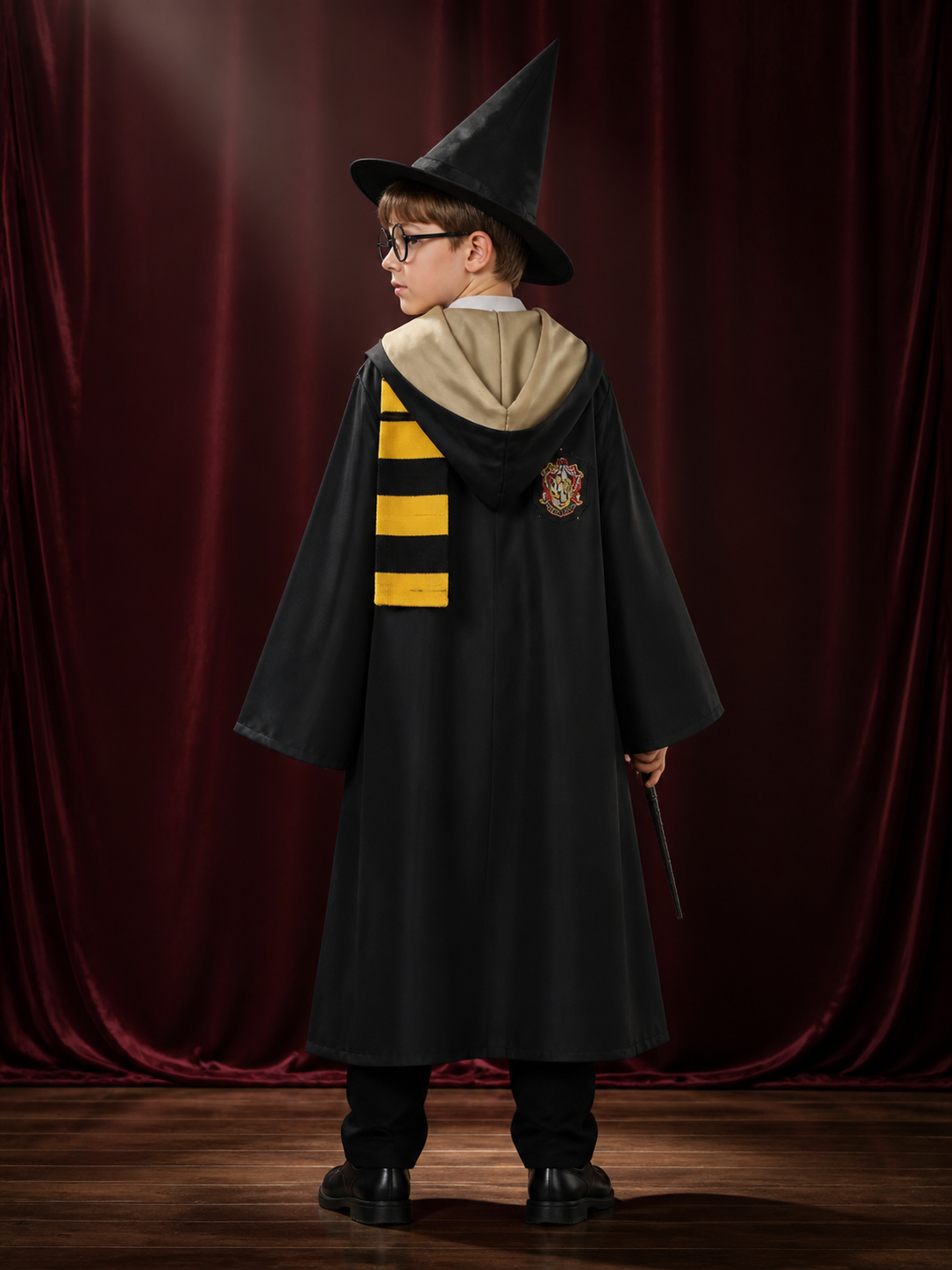 Kids Wizard Costume Set With Hooded Cloak, Hat, Scarf, Glasses, Vest, Shirt And
