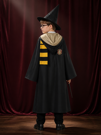 Kids Wizard Costume Set With Hooded Cloak, Hat, Scarf, Glasses, Vest, Shirt And