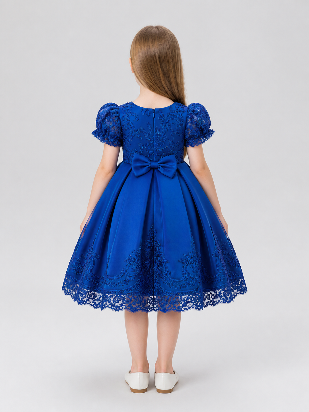 Girls’ Princess Dress with Embroidery and Lace Trim back view