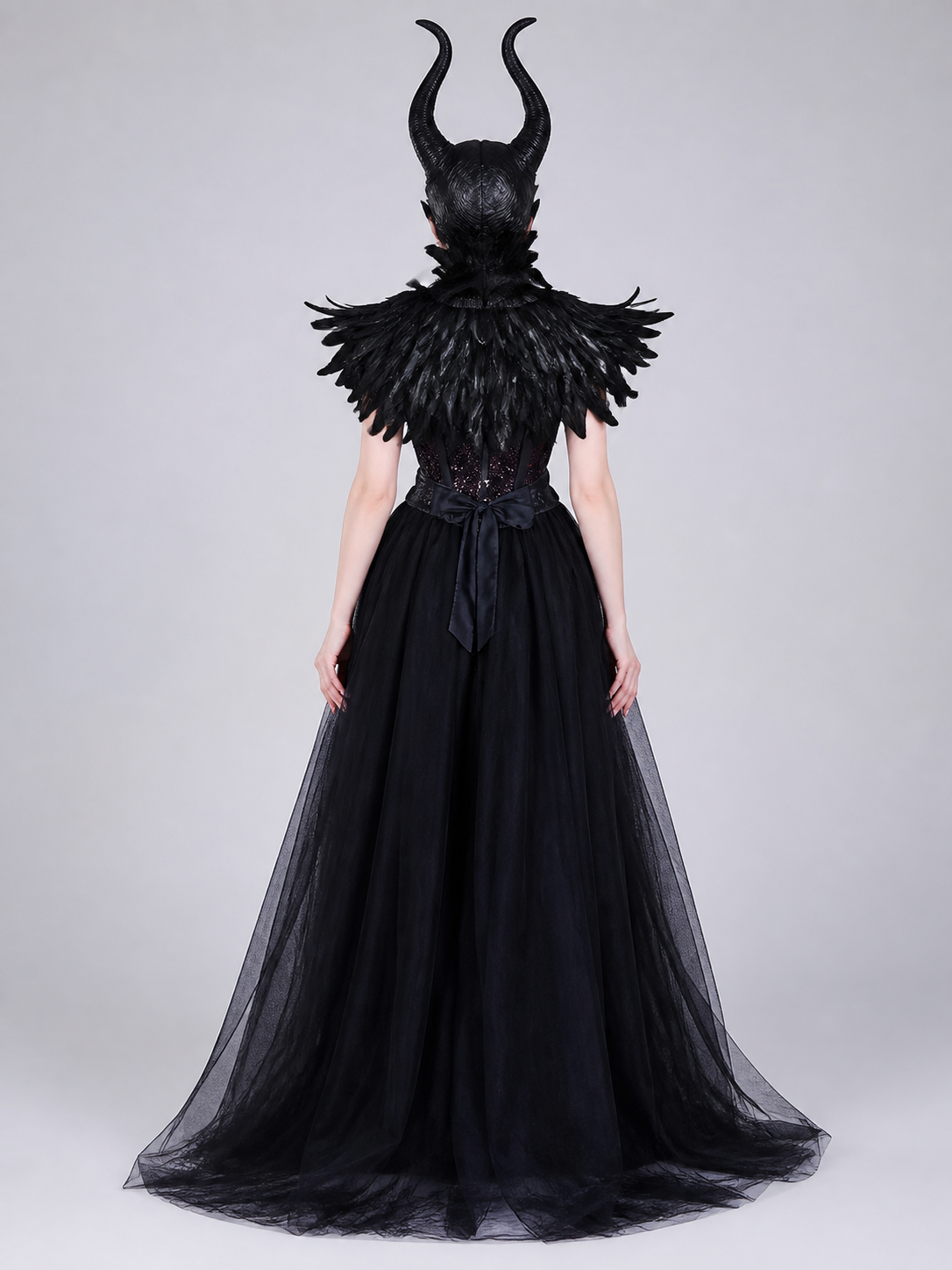 Character Costume: Black Corset Dress, Horns, Scepter back view