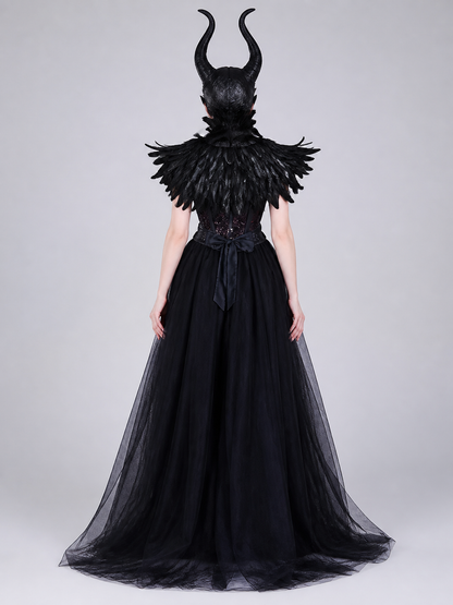Character Costume: Black Corset Dress, Horns, Scepter back view