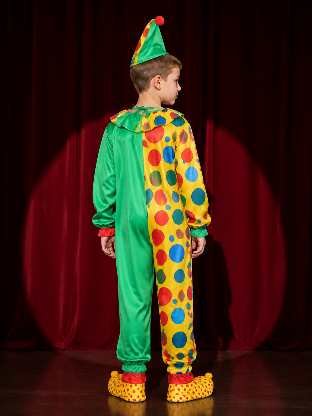 Kids' Clown Bodysuit Costume Set with Pointed Hat, Multicolor Polka Dot Design back view
