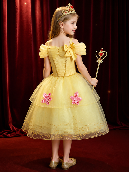 Girls Yellow Princess Dress Costume with Crown & Magic Wand, Layered Tulle for back view