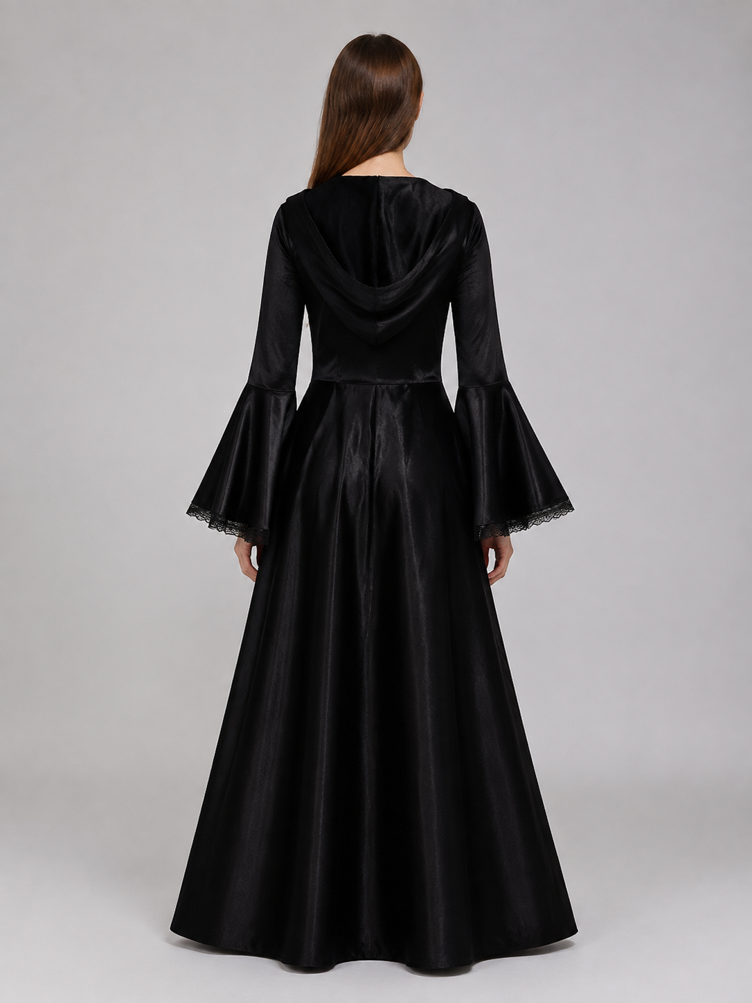 Long Gothic Hooded Lace-Up Dress back view