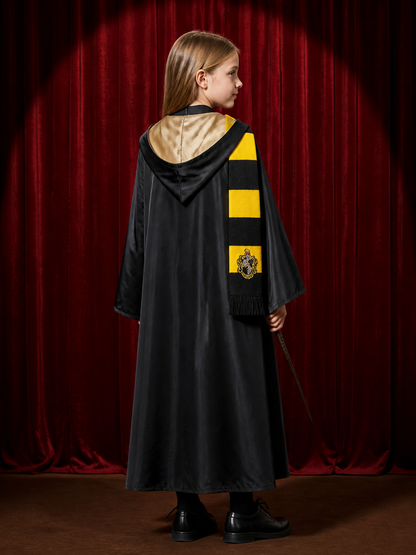 Kids Wizard Costume Set - Black Hooded Robe with Academy Crest & Yellow Black back view