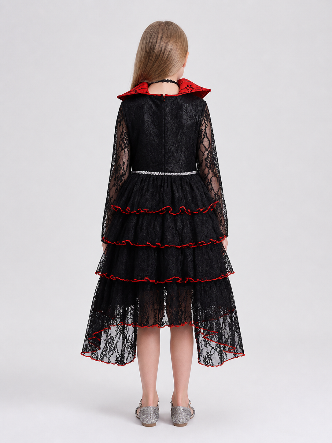 Black Halloween Dress with Red Trim and Lace back view