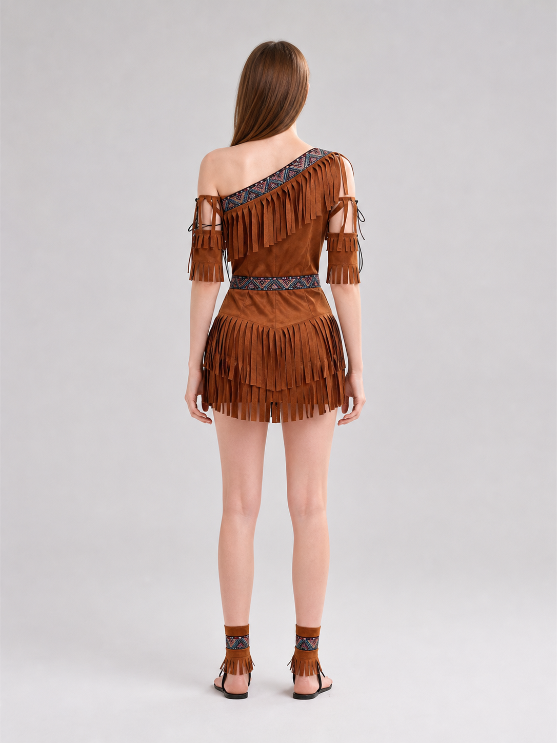 Historical Costume with Fringe and Feathers for Cosplay back view