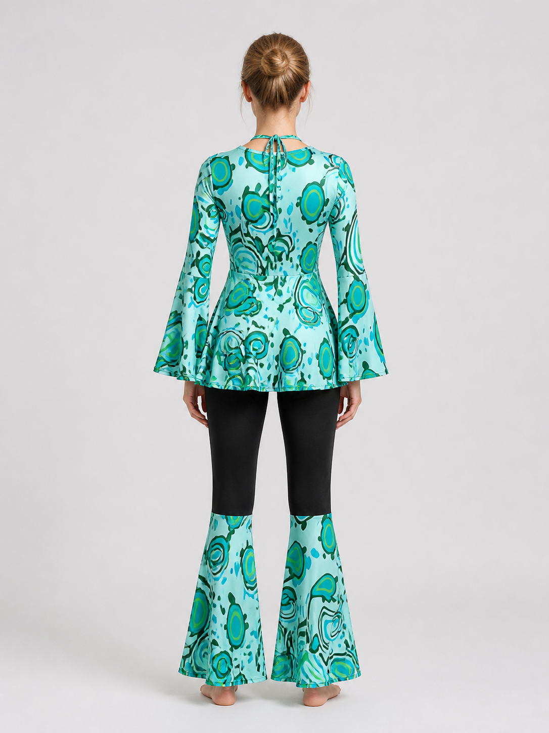 70s Stage Costume with Print: Long-Sleeve Top and Flared Pants back view