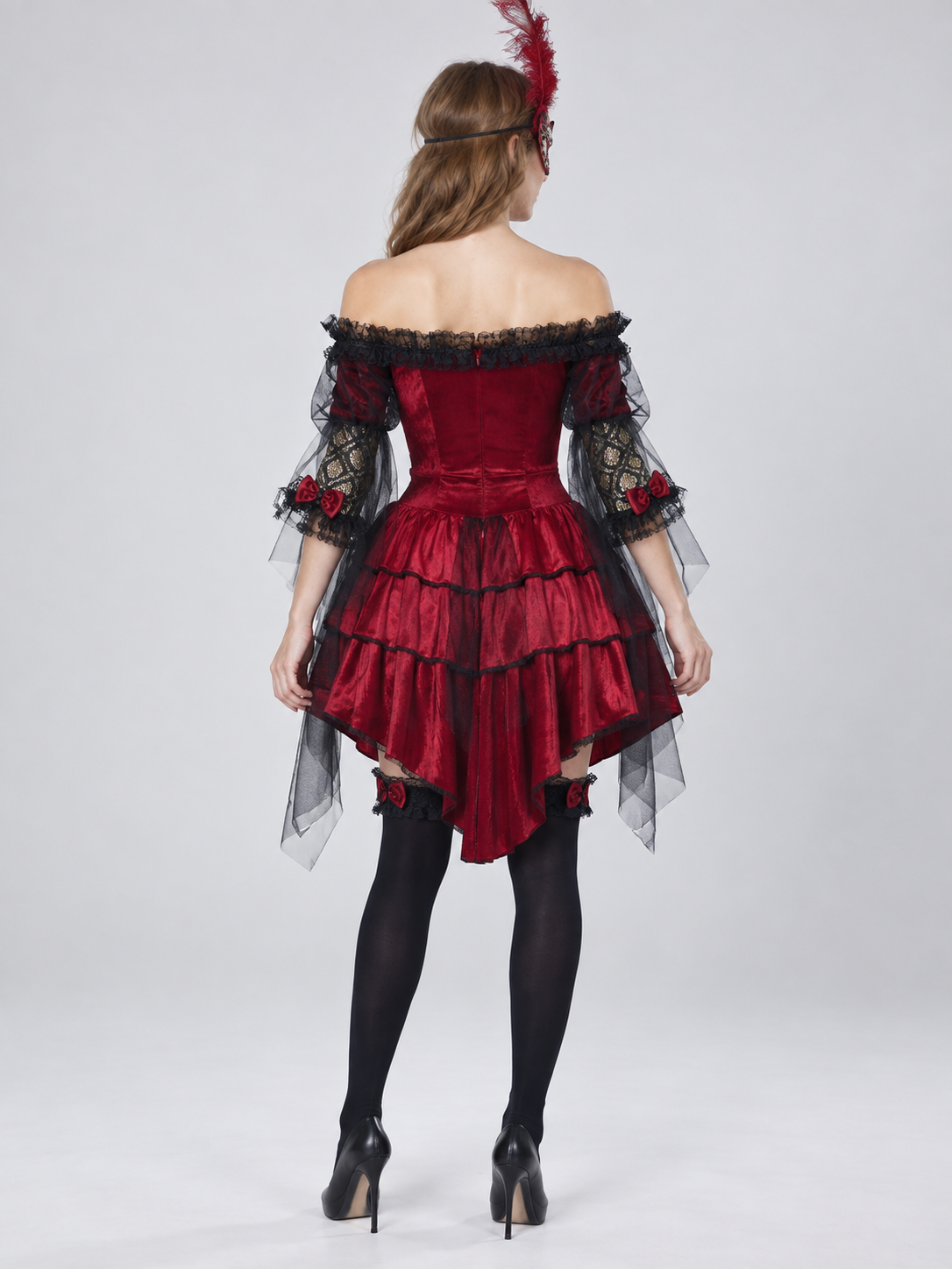 Carnival Costume with Feather Mask and Red Bows