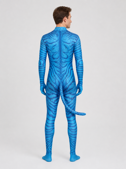 Avatar Costume, Blue Alien Jumpsuit with Tail back view