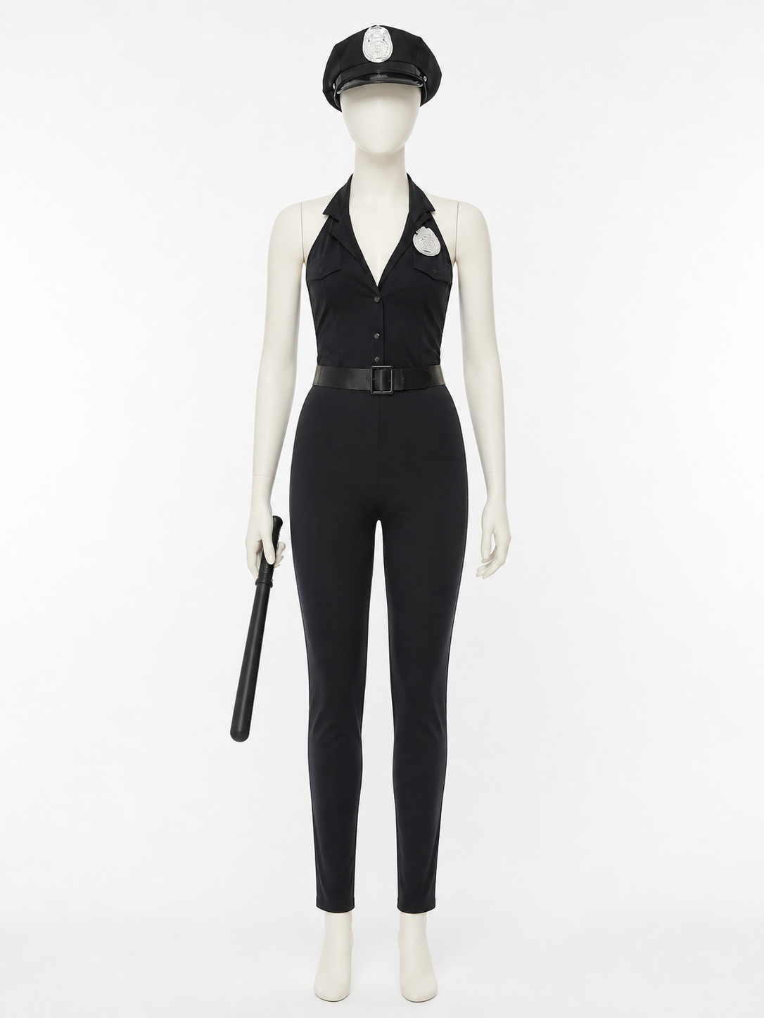 Women's Adult Police Officer Cosplay Costume Set, Black Jumpsuit With Hat, Belt back view
