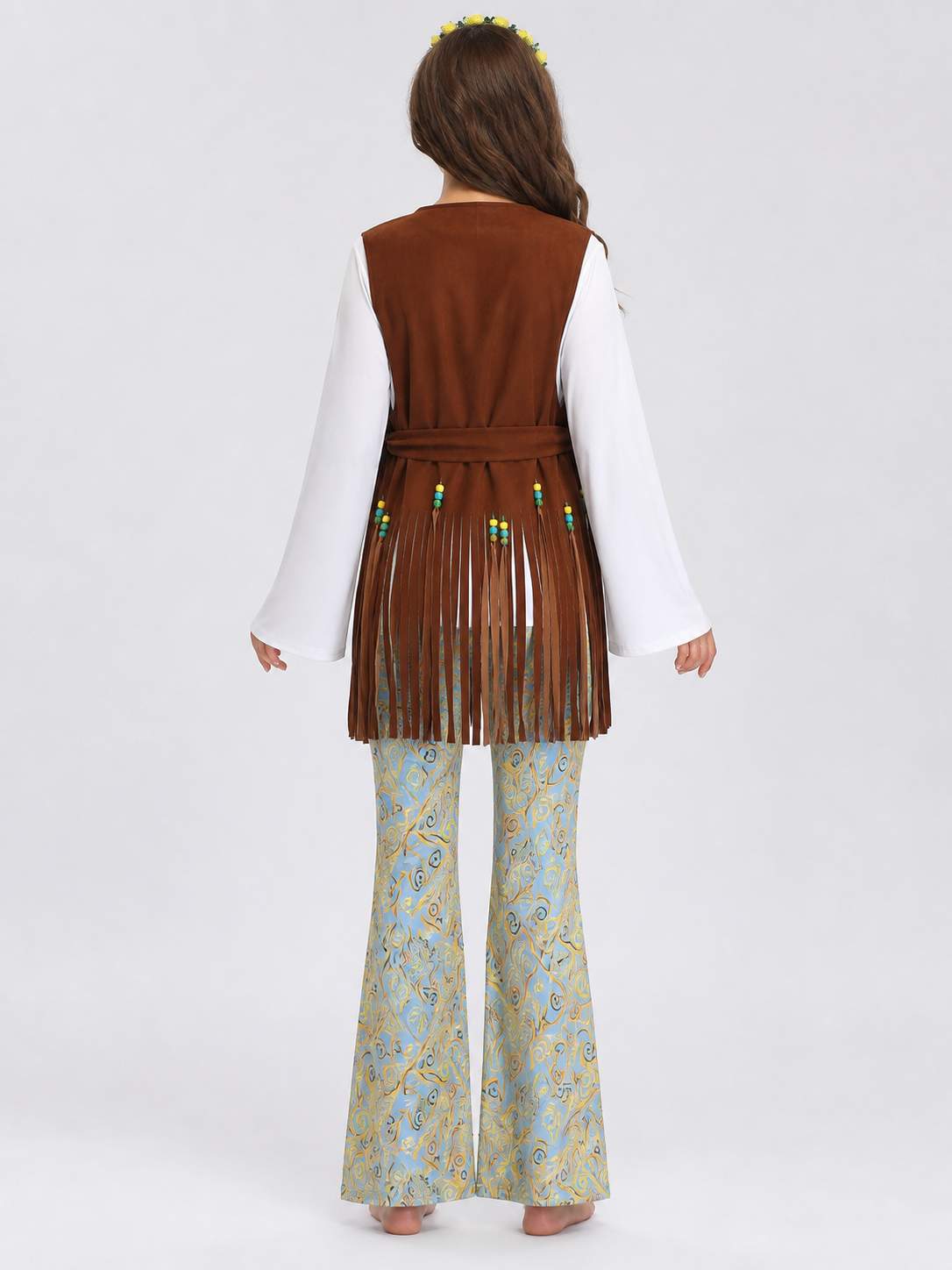 The stage costume is designed in a retro style and is suitable for a Halloween party, disco performance, or cosplay. The set includes a stage outfit with a white long-sleeve shirt, brown fringe, and light blue flared pants featuring a yello