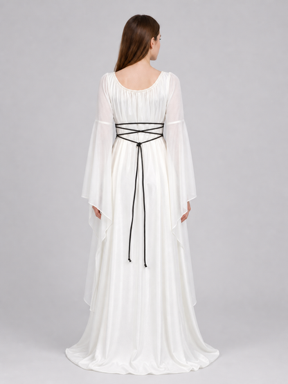 Long White Dress with Flared Sleeves and Lace-Up Detail