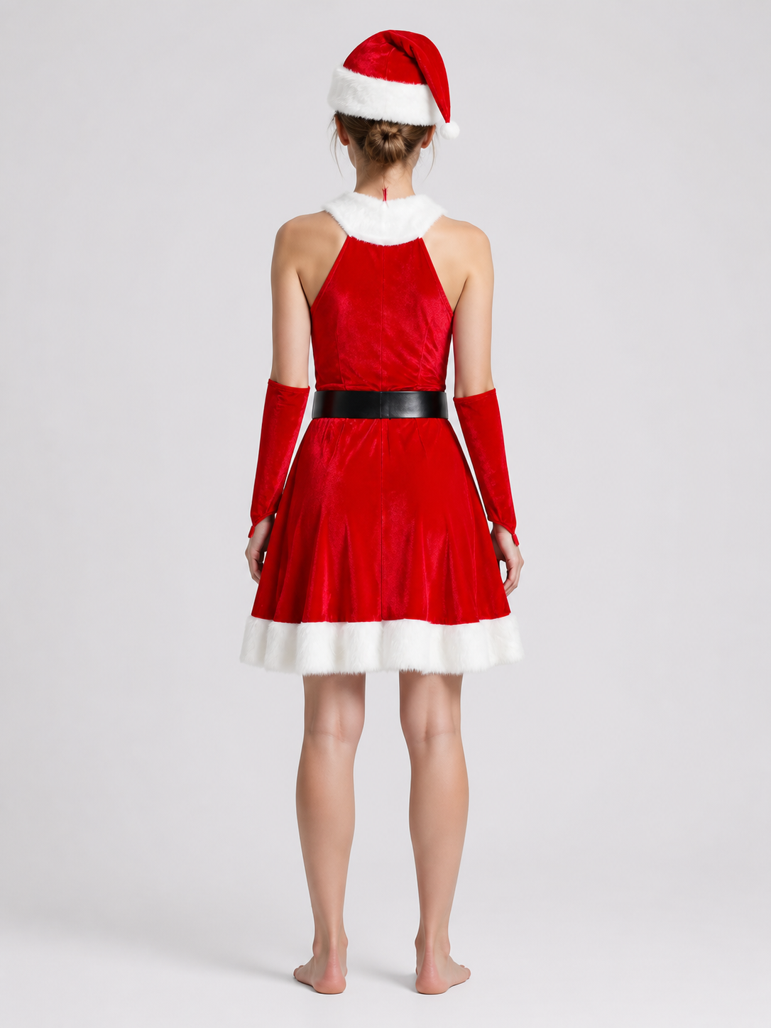 Santa Claus Costume: Red Dress with White Fur and Hat back view