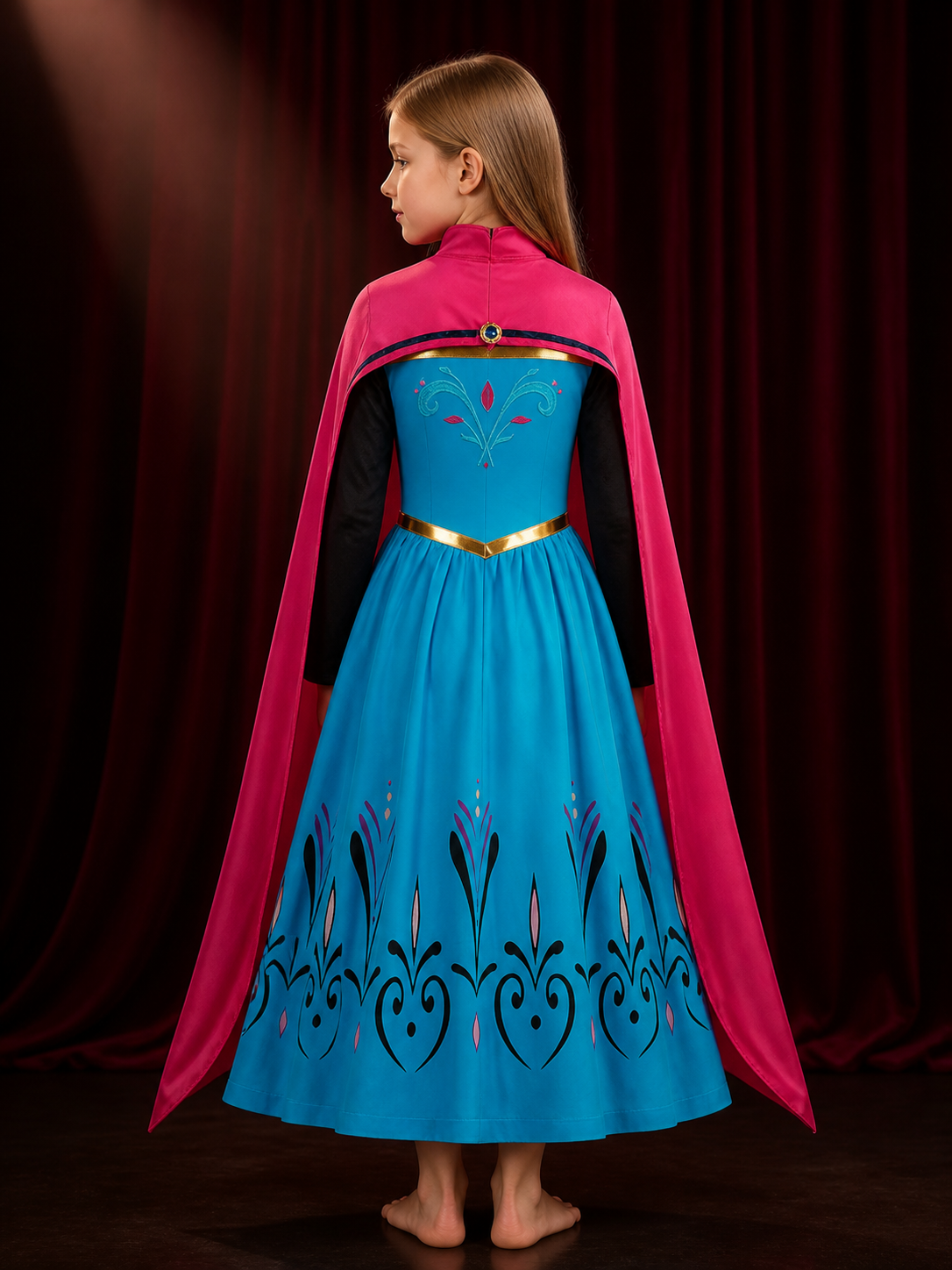 Kids Princess Costume Dress with Pink Cape, High Collar and Gold Details back view