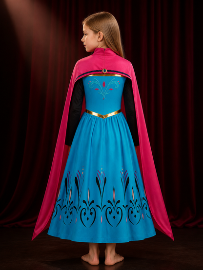 Kids Princess Costume Dress with Pink Cape, High Collar and Gold Details back view