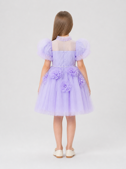 Party Dress with a Full Skirt and Puff Sleeves back view