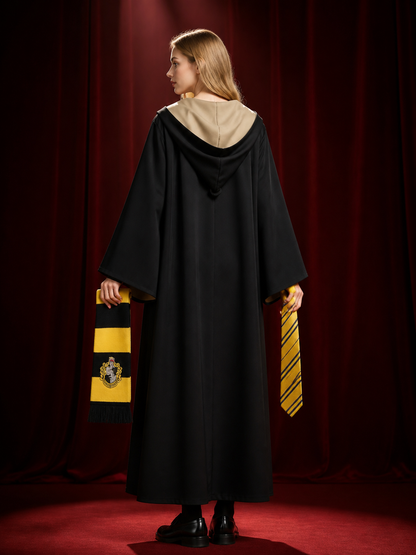 Hufflepuff Wizard Robe Costume Set with Hooded Cloak, Tie, Scarf and Halloween back view