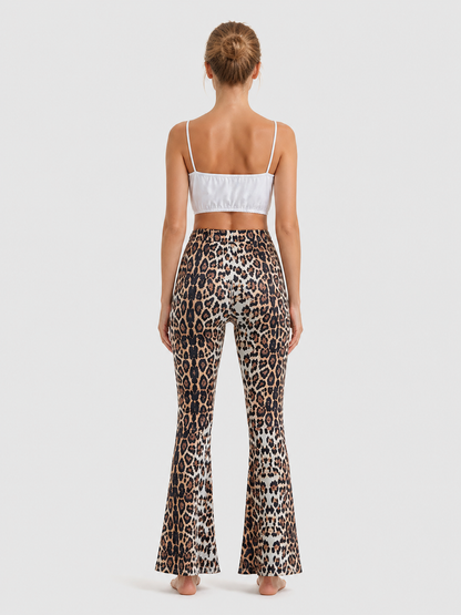 Long High-Waisted Leopard-Print Flare Pants back view